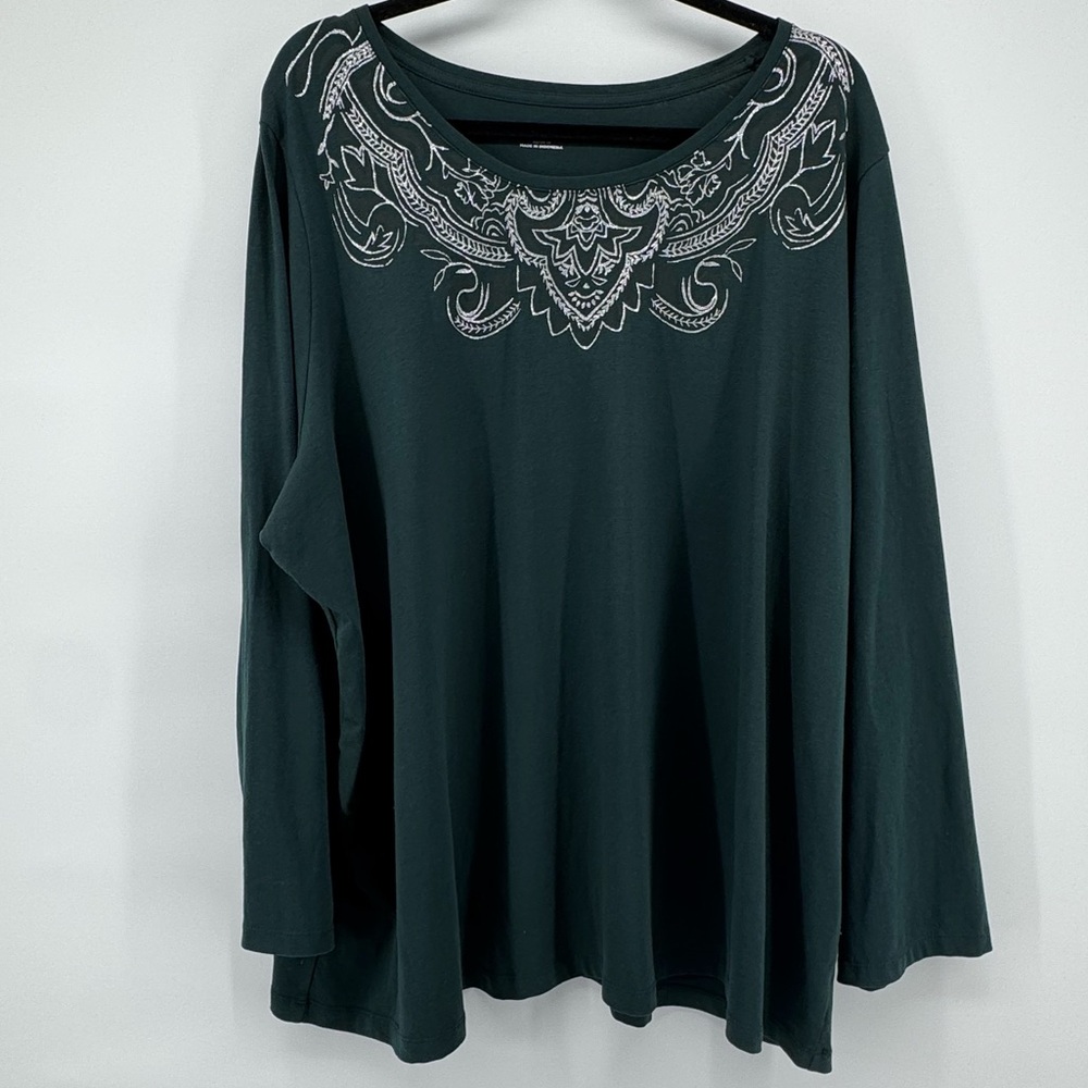 Catherines Dark Green Silver Sparkle Design Long Sleeve  Top Women's Sz2X
